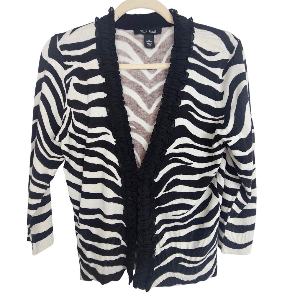 White House Black Market Zebra Print Cardigan Sweater M Clasp Ruffle Mob Wife